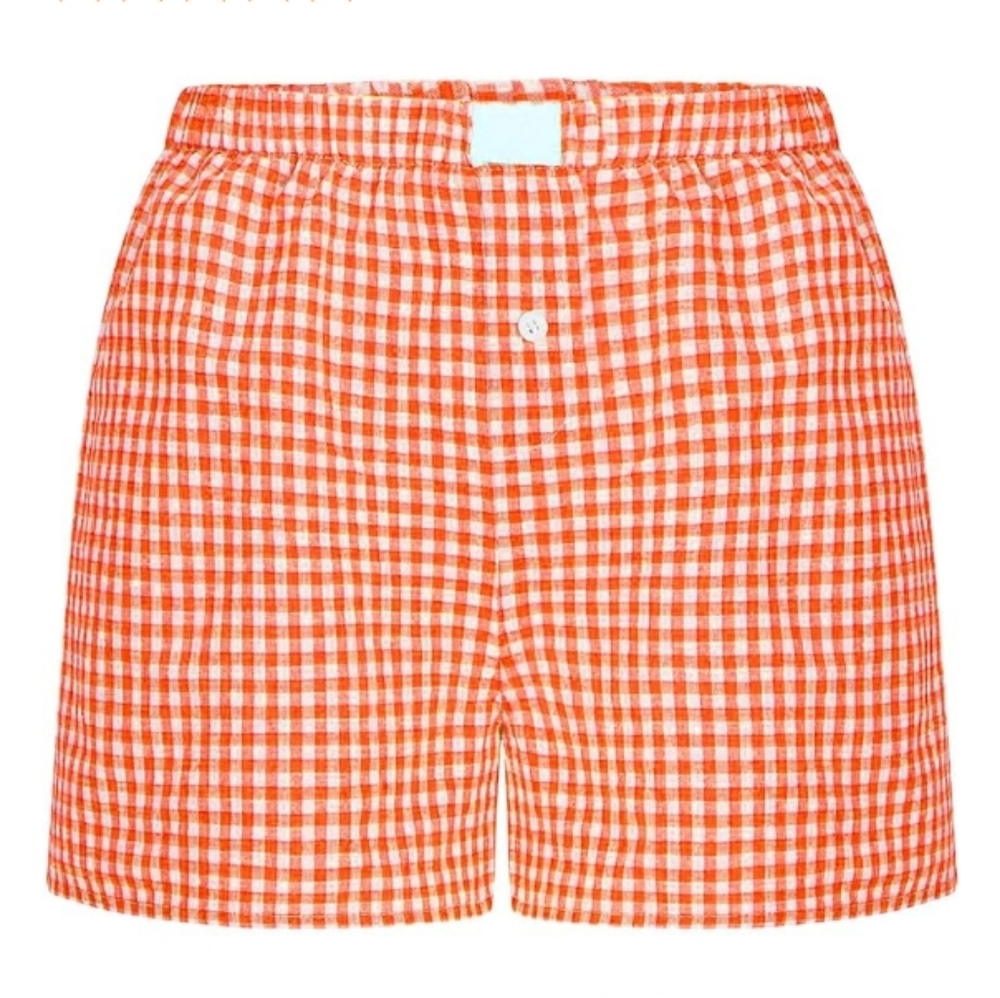 Plaid Pajama Lounge Sleep Striped Bottom Short Orange